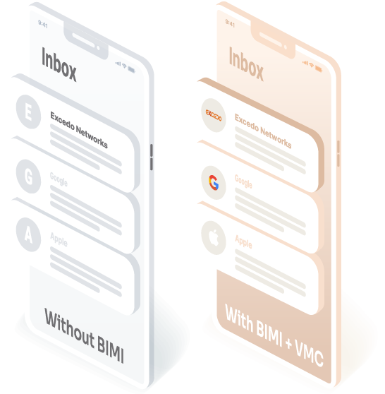 Image showing an inbox where incoming emails do not have BIMI (no logos displayed) next to an inbox where incoming emails do have BIMI (logos displayed).